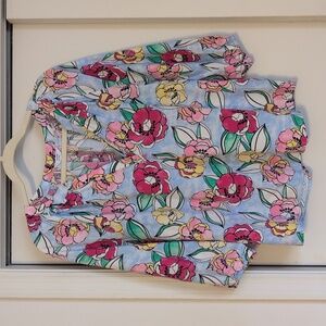 Crown & Ivy V-Neck Large 3/4 length sleeves Pink and Yellow Floral Top